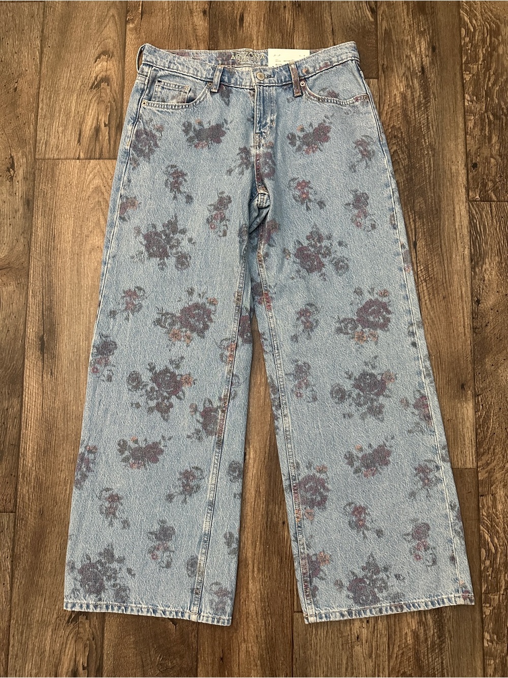 Arizona Jean Baggy Super Low Rise Wide Leg Cotton Denim Jeans Size 8 Floral Blue